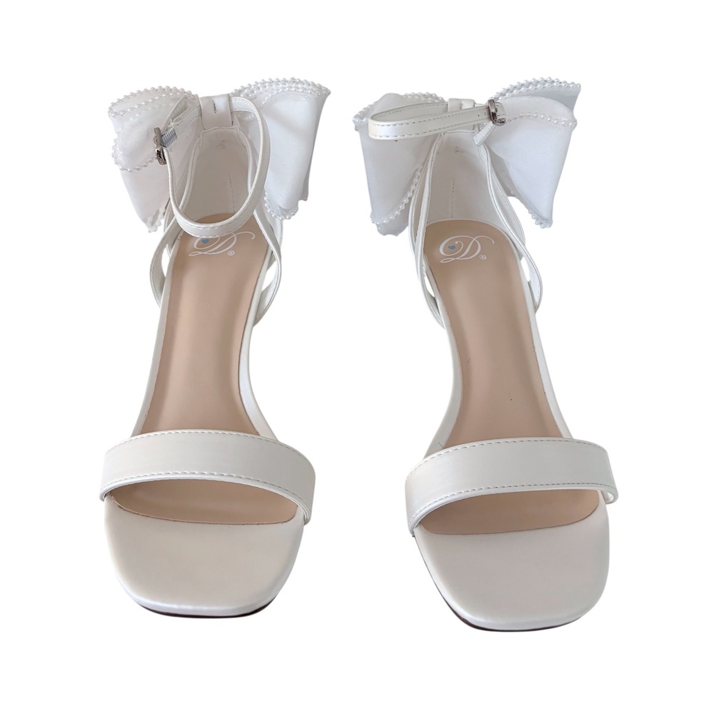 NEW White Pearl Bow Ankle‎ Strap Heels Size 7.5 Wedding Sandals Coquette
